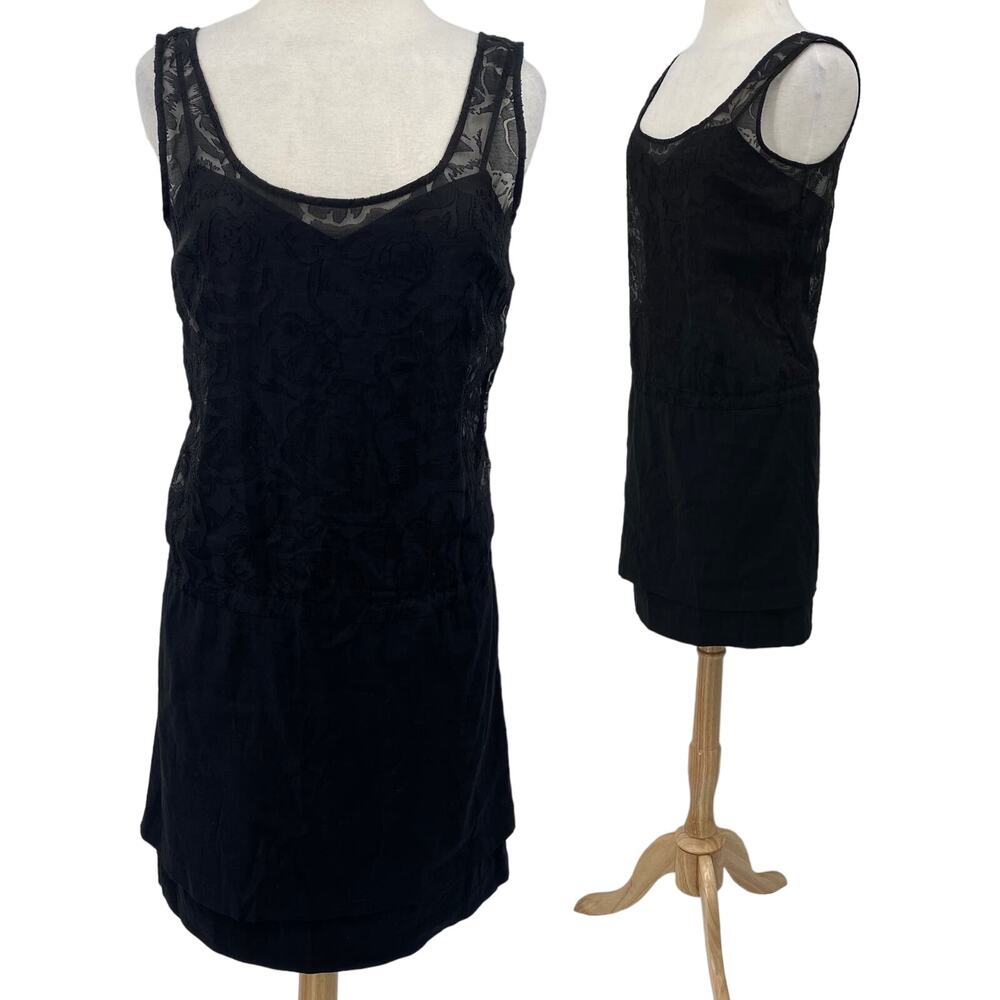 Tracy Reese Mini Dress Floral Lace Overlay Silk Tank Linen Skirt Black Womens S